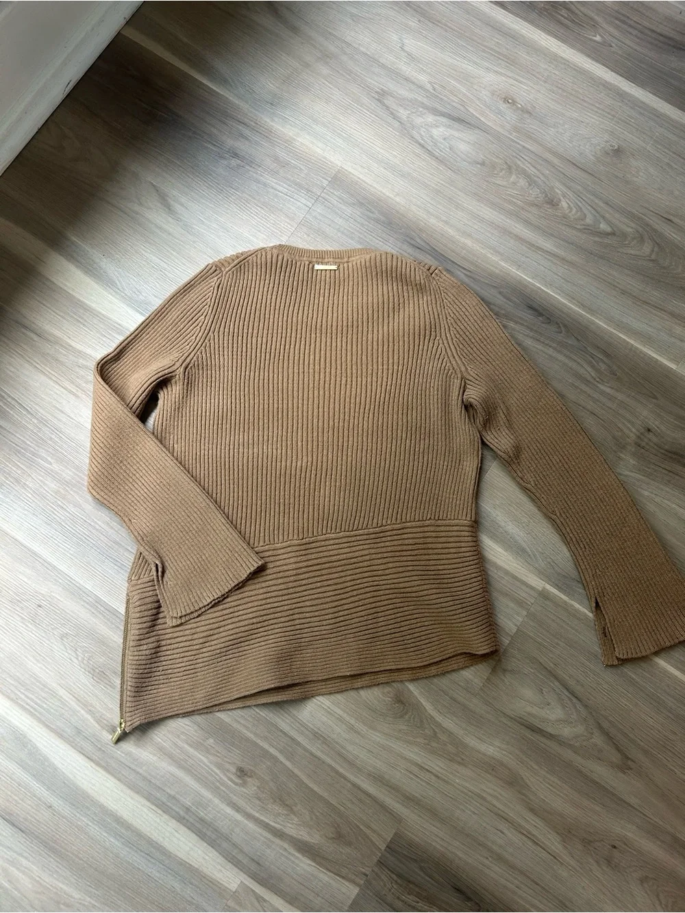 Michael by Michael Kors Brown Asymmetrical Ribbed Crewneck Sweater w zipper side